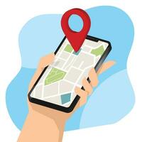 Hand holding mobile smart phone with Location mobile app. vector