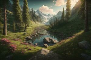 Beautiful fantasy landscape with a river in the mountains. ai generative photo