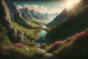 Beautiful fantasy landscape with a river in the mountains. ai generative photo