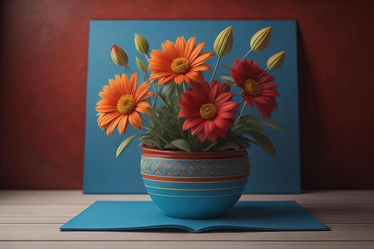 Flowers in a pot on a solid color background. ai generative photo