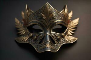 Venetian carnival mask with golden ornament on a solid color background. ai generative photo