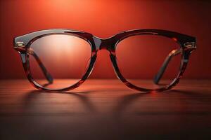 Stylish glasses on wooden table. Fashionable eyeglasses. ai generative photo