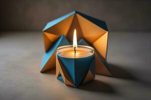 Creative burning candle on a wooden background. ai generative photo