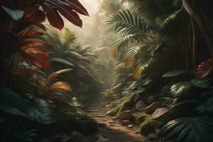 A pathway in tropical rainforest with palm trees and path in the mist. ai generative photo