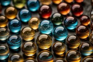 Colorful glass marbles on a the table. Selective focus. ai generative photo