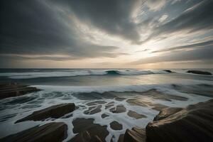 Beautiful seascape with stormy sky. Long exposure shot. ai generative photo