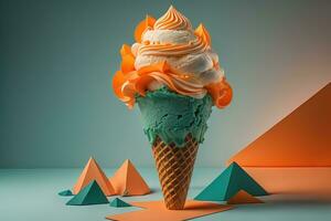 Ice cream in waffle cone on blue background, top view, flat lay. ai generative photo