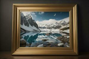 Glass picture frame on a solid color background. ai generative photo