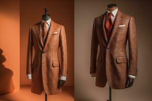 Stylish suits on mannequins on solid color background, closeup. ai generative photo