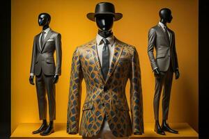 Stylish suits on mannequins on solid color background, closeup. ai generative photo