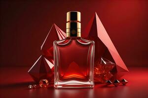 Creative and brandless Perfume bottle and flower on the wooden table, closeup. ai generative photo