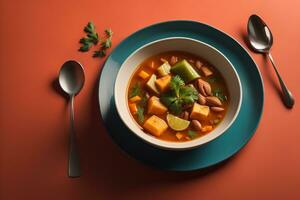 vegetal sopa en un cuenco en de madera antecedentes. ai generativo foto
