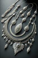 Silver necklace on a solid color background in close-up. ai generative photo
