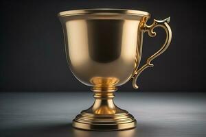 Golden trophy cup on wooden table. Award concept. ai generative photo