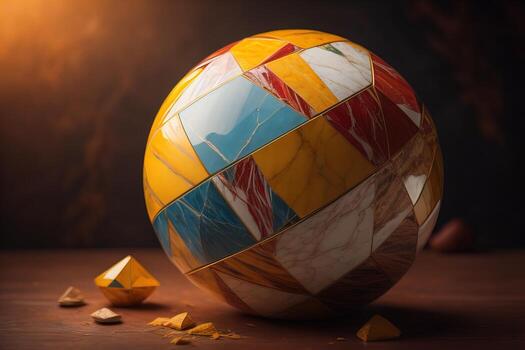 Colorful marble ball on a solid colour background. Close-up. ai generative photo