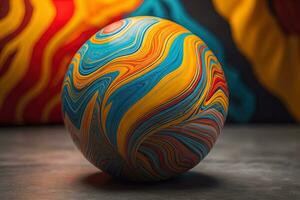 Colorful marble ball on a solid colour background. Close-up. ai generative photo