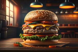 Big tasty hamburger on wooden table. ai generative photo