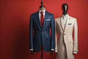Stylish suits on mannequins on solid color background, closeup. ai generative photo