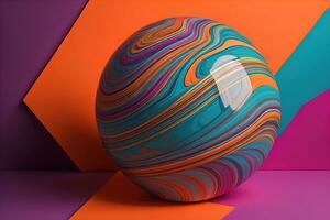 Colorful marble ball on a solid colour background. Close-up. ai generative photo