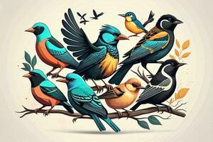 vector ilustración de un grupo de vistoso aves sentado en un rama. ai generativo foto