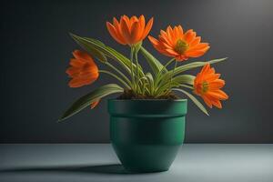 Flowers in a pot on a solid color background. ai generative photo