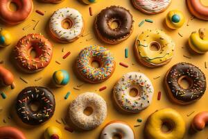Variety of donuts on a solid color background. Top view. ai generative photo