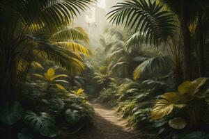 A pathway in tropical rainforest with palm trees and path in the mist. ai generative photo