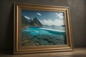 Glass picture frame on a solid color background. ai generative photo