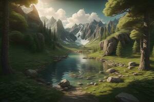 Beautiful fantasy landscape with a river in the mountains. ai generative photo