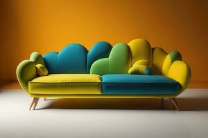 A creative, colourful, and stylish sofa in the interior, AI generated photo