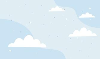 Vector blue fairytale sky background with stars. white and pastel color clouds for imaginary world