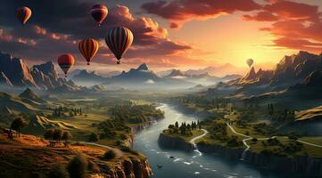 Colorful hot air balloons soaring over scenic valley. Created with Generative AI photo