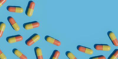 Medicine tablet pills on blue background. 3D Rendering. Medical Harmful Concept. Dangerous drugs. Empty space for text. photo