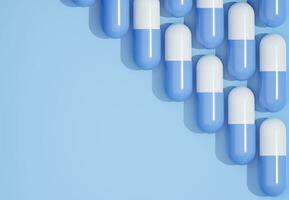 medicina tableta pastillas en azul antecedentes. 3d representación. médico perjudicial concepto. peligroso drogas vacío espacio para texto. foto