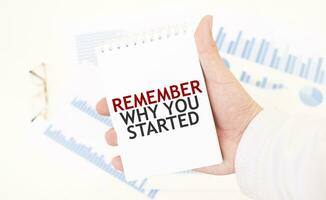 Businessman holding a white notepad with text REMEMBER WHY YOUR STARTED business concept photo