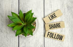 Share, like and follow. Social media marketing concept photo