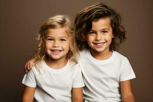 Male and female child boy and girl siblings wearing bella canvas white shirt mockup at vivid background photo