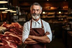 Butcher is standing in front of shelves with raw meat photo
