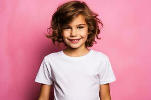Female child boy wearing bella canvas white shirt mockup at pink background photo