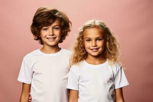 Female child boy wearing bella canvas white shirt mockup at pink background photo