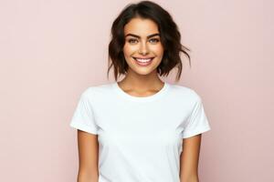 Young woman wearing bella canvas white shirt mockup at pastel background photo