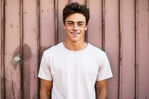 Young man wearing bella canvas white shirt mockup at pastel background photo
