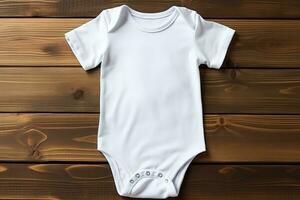 White baby girl or boy bodysuit mockup flat lay on wooden background photo