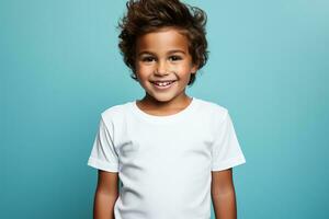 Male child boy wearing bella canvas white shirt mockup at blue background photo