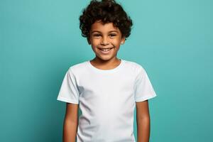 Male child boy wearing bella canvas white shirt mockup at blue background photo