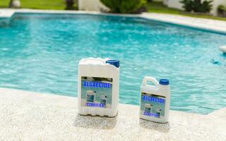 Homemade pool clarifier, pool cleaning purification tool. Algaecide product to clarify homemade swimming pools photo