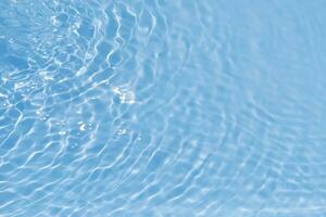 Blue water with ripples on the surface. Defocus blurred transparent blue colored clear calm water surface texture with splashes and bubbles. Water waves with shining pattern texture background. photo