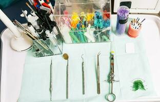 Dentist tools on the table. Top view of stomatologist tools on table. Set of dental tools on dentist's panel. Close up of dental tools on dentist table photo