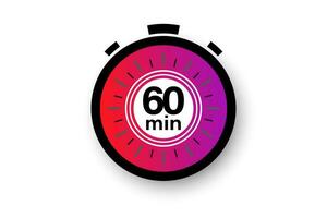 60 minutes timer. Stopwatch symbol in flat style. Editable isolated vector illustration.