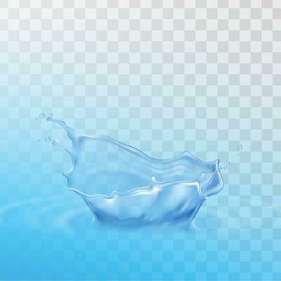 Vector water splashes, blue liquid waves with swirls and drops